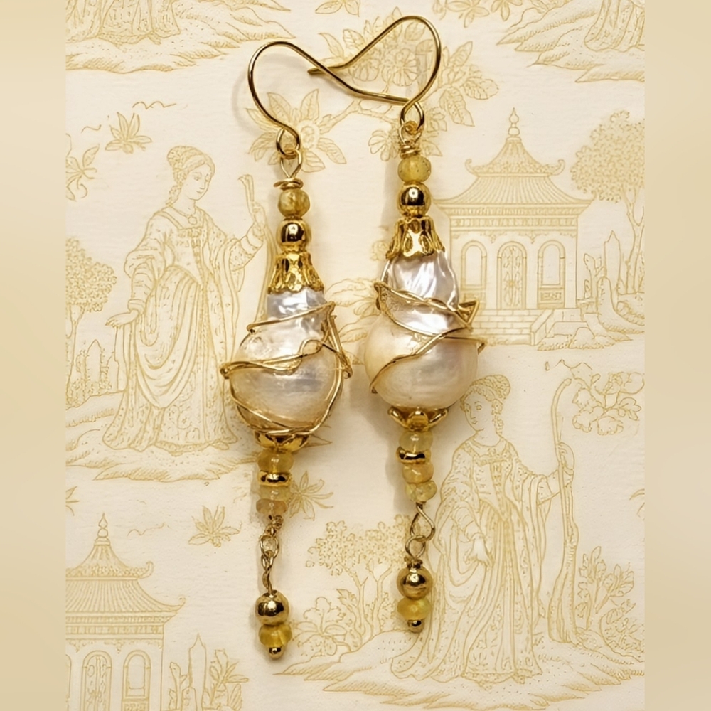 Dazzling Natural Yellow Fire Opal &  Wired Large Baroque Pearl In Long Earrings